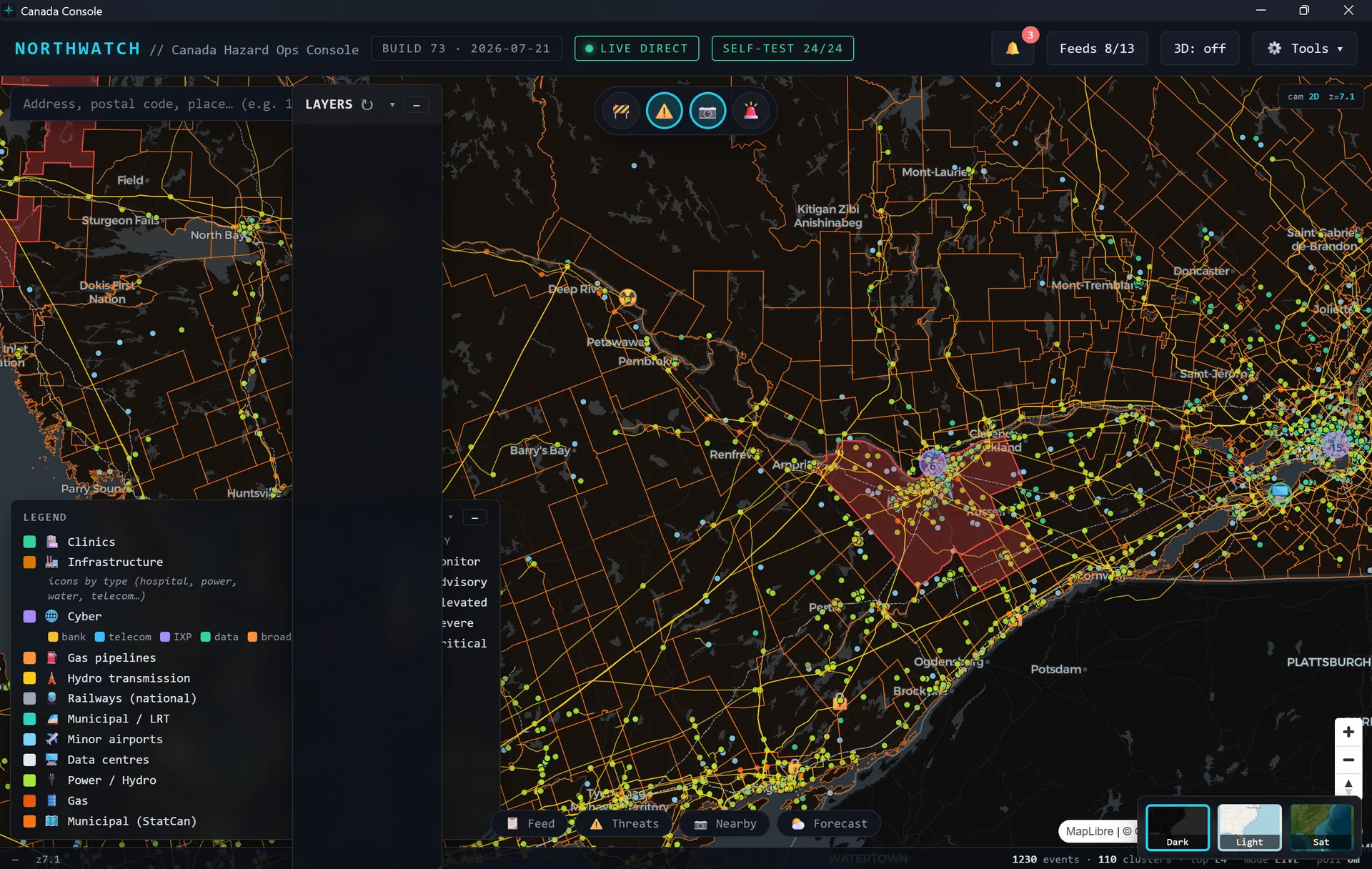 NorthWatch console showing fuzed infrastructure and hazard layers over Eastern Ontario